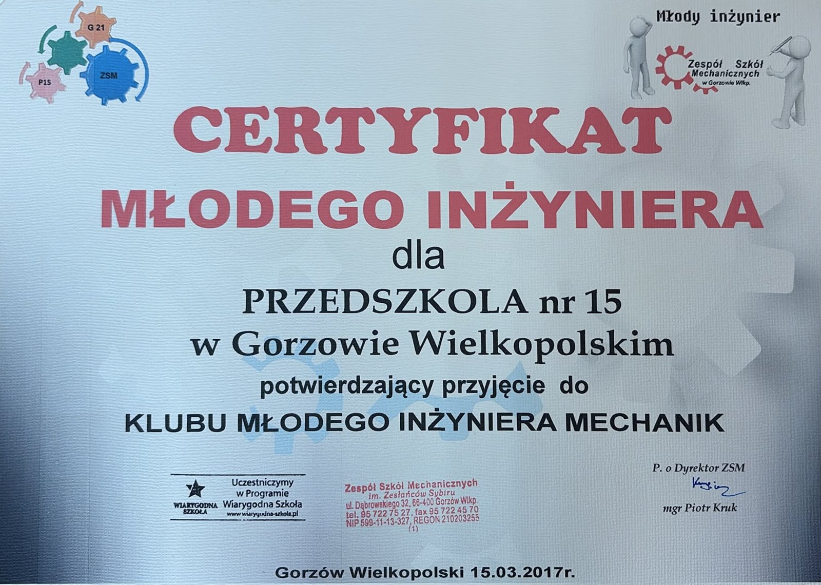 Certyfikat Młodego Inżyniera – otwórz w pełnym rozmiarze