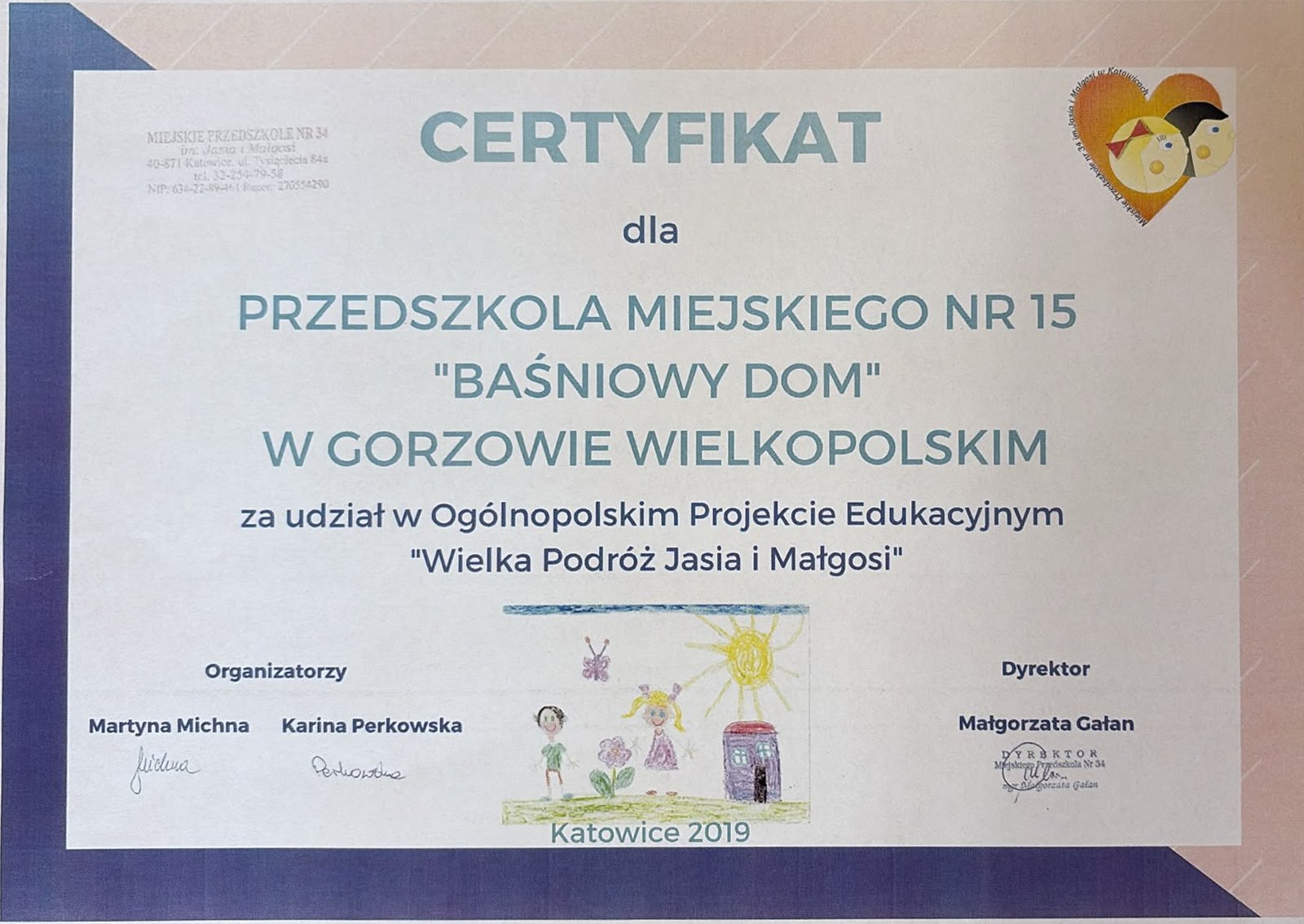 Certyfikat za udział w Ogólnopolskim Projekcie Edukacyjnym „Wielka Podróż Jasia i Małgosi” – otwórz w pełnym rozmiarze