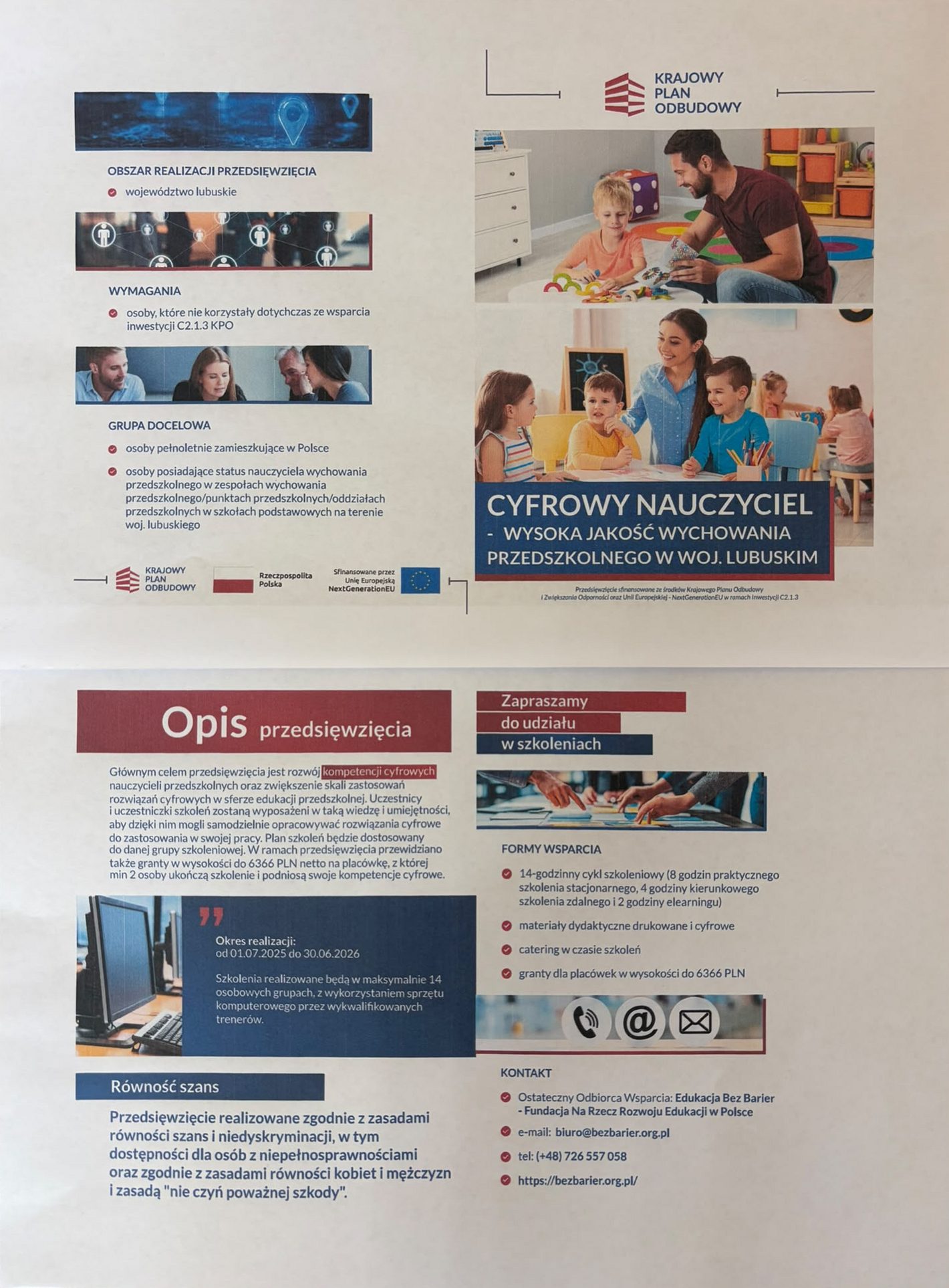 Ulotka projektu „Cyfrowy Nauczyciel” – otwórz w pełnym rozmiarze. Najważniejsze informacje z ulotki podano powyżej.